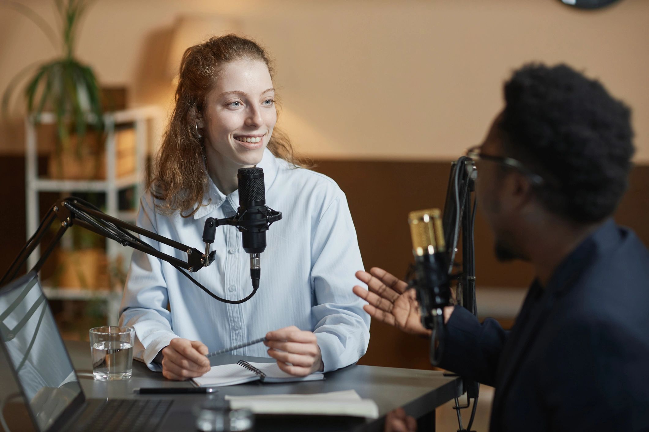 Podcast-style entertainment interview in a studio