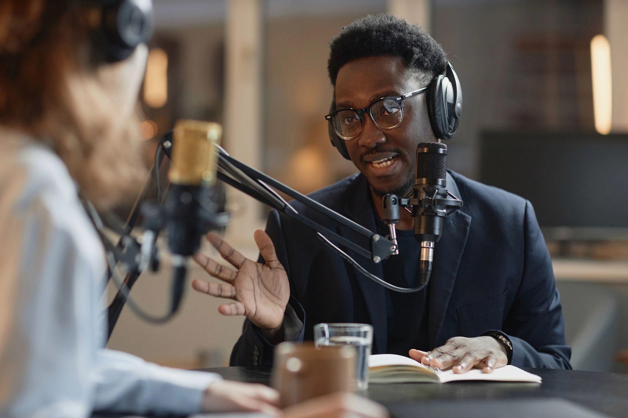 Interview guest speaking during a recorded conversation